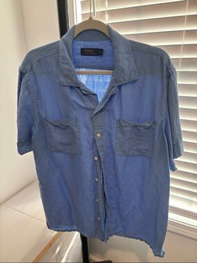 Polo by Ralph Lauren Two-Tone linen and silk Blue Short Sleeve Button Down